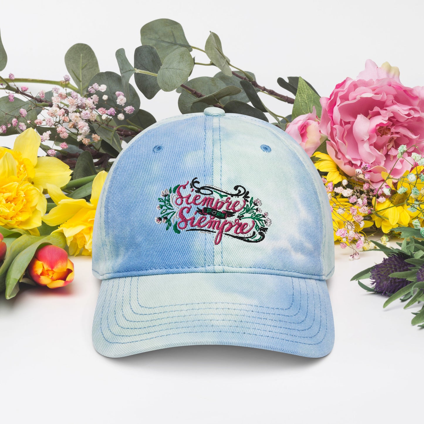 Embroidered Tie Dye Summer Hat Mexican Quote Hand Lettering Siempre Por Siempre