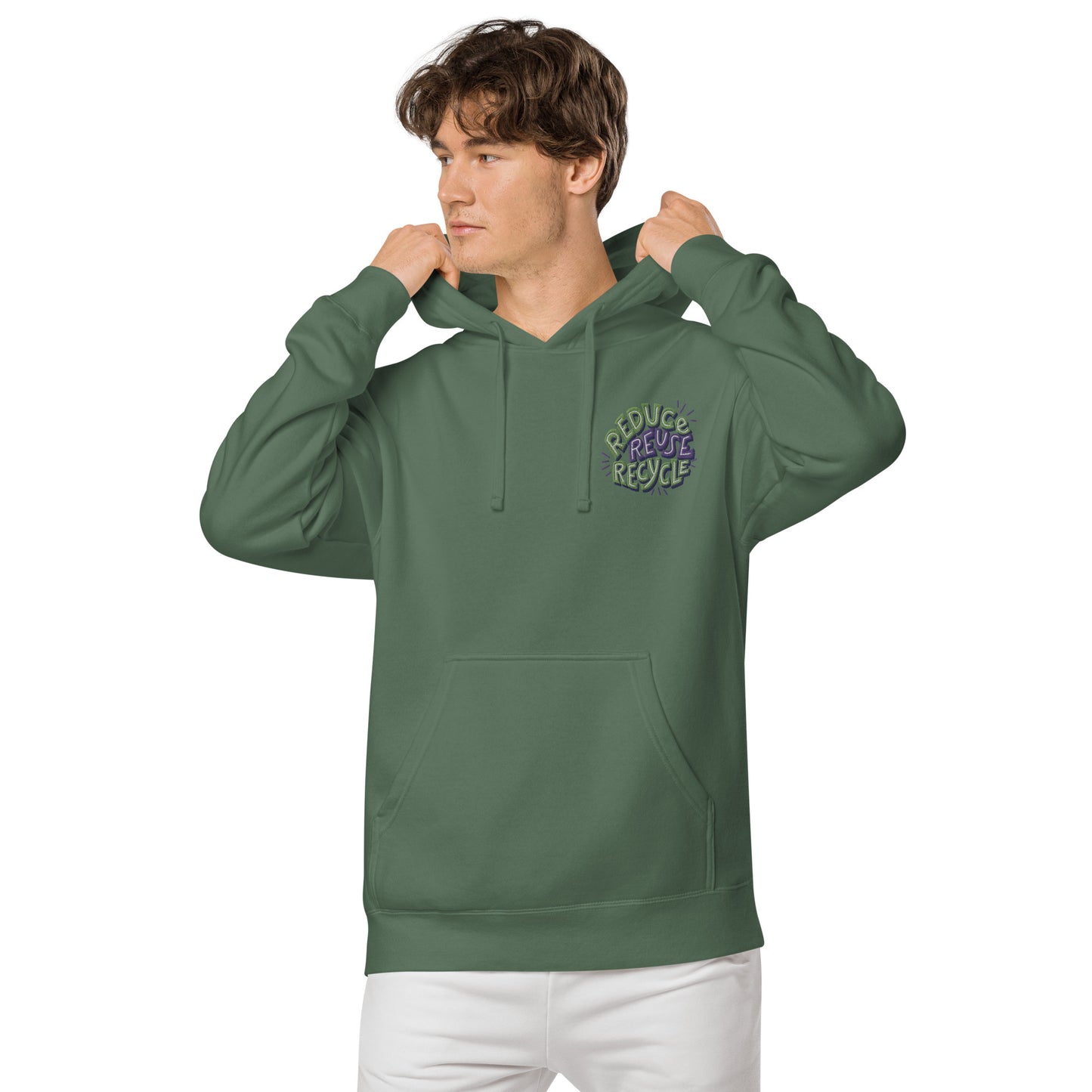 Unisex Embroidered Pigment Dyed Hoodie Reduce, Reuse, Recycle Lettering