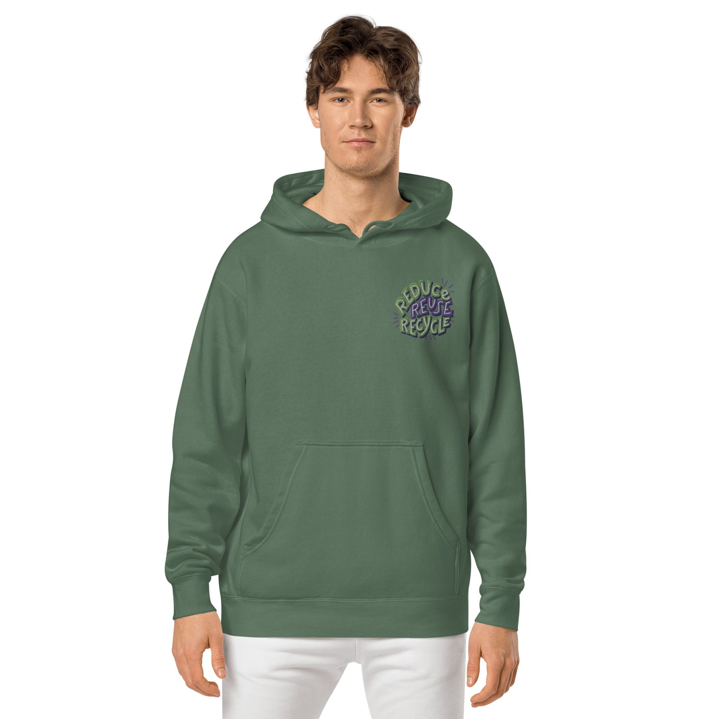 Unisex Embroidered Pigment Dyed Hoodie Reduce, Reuse, Recycle Lettering