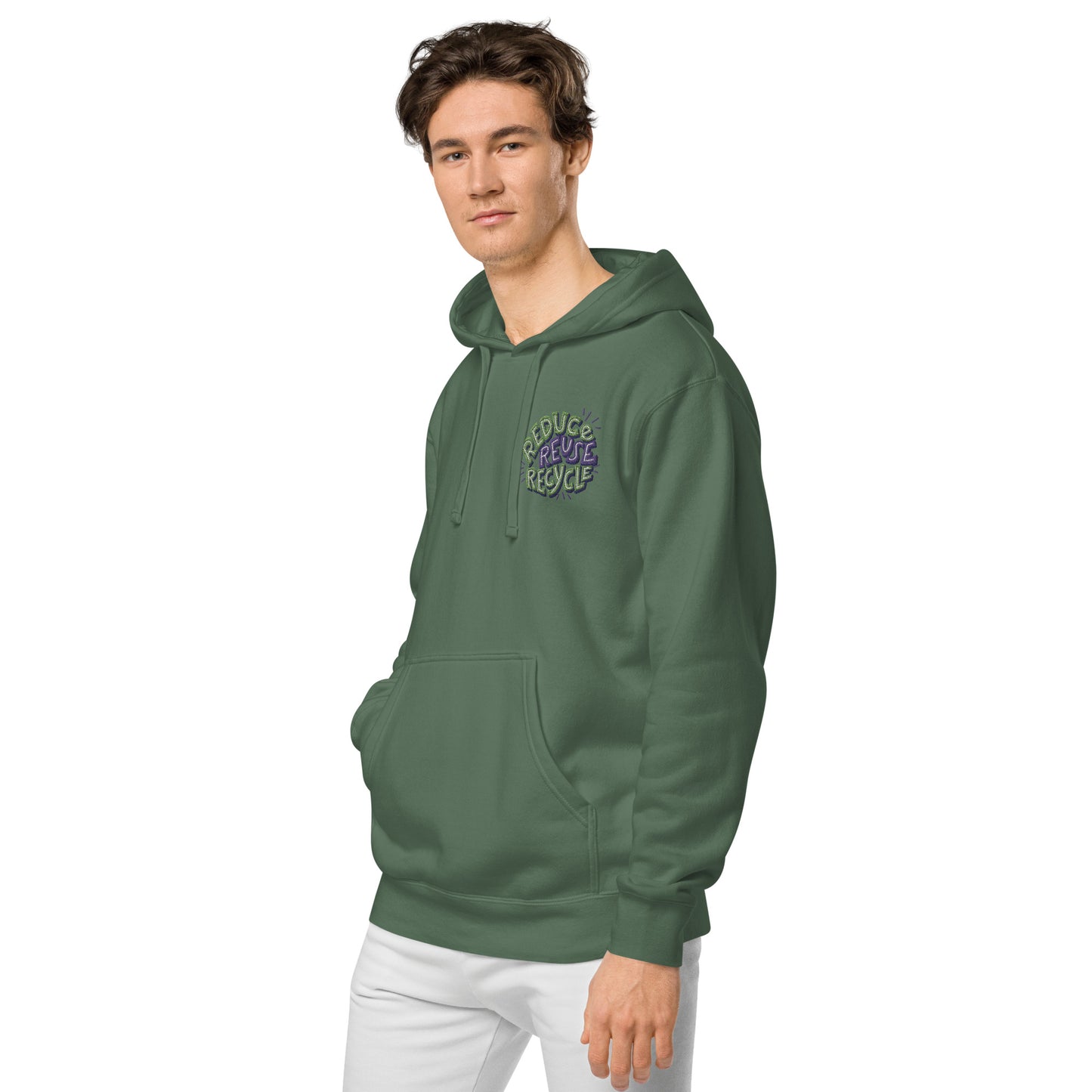 Unisex Embroidered Pigment Dyed Hoodie Reduce, Reuse, Recycle Lettering