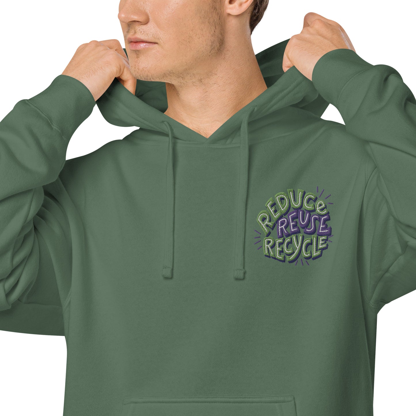 Unisex Embroidered Pigment Dyed Hoodie Reduce, Reuse, Recycle Lettering