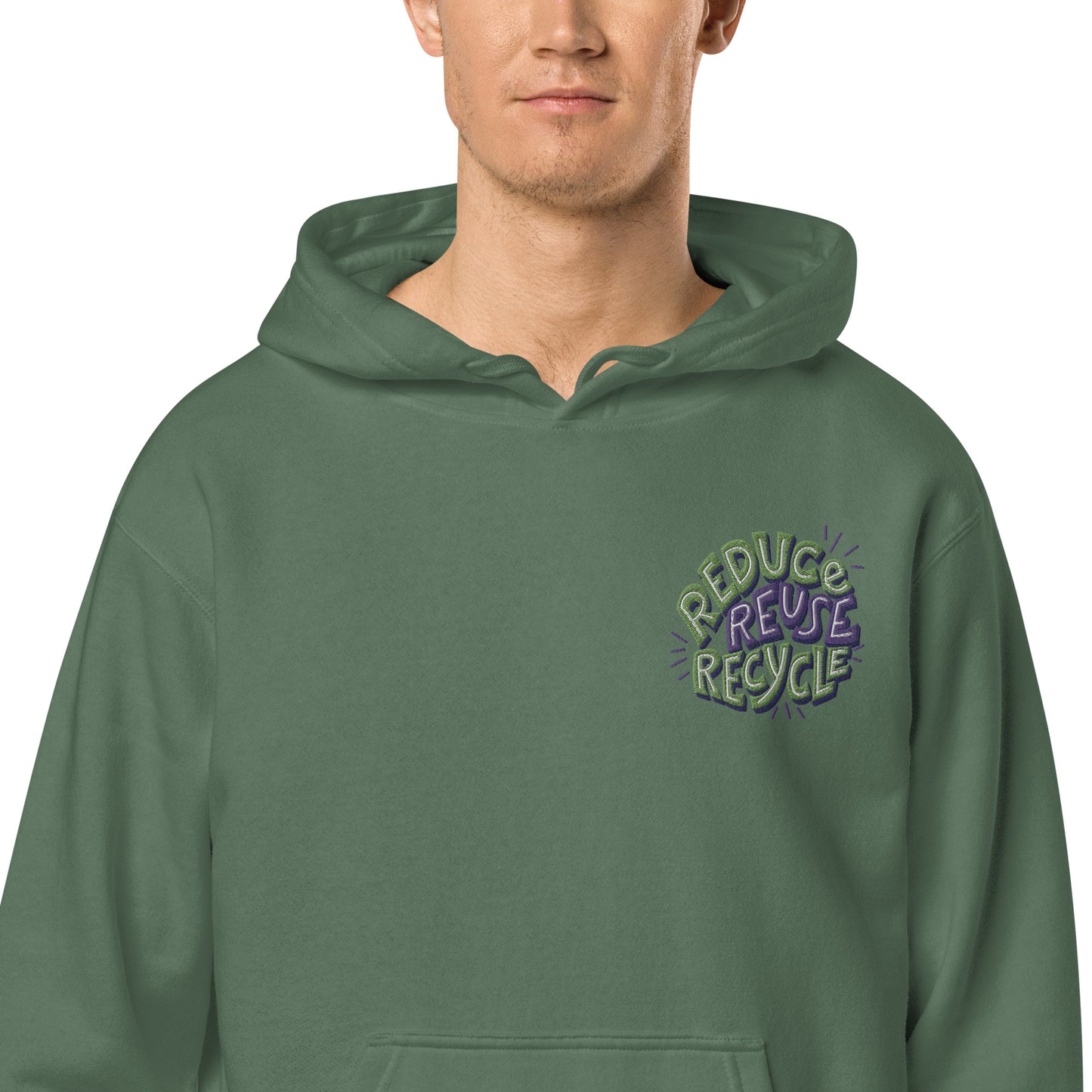 Unisex Embroidered Pigment Dyed Hoodie Reduce, Reuse, Recycle Lettering