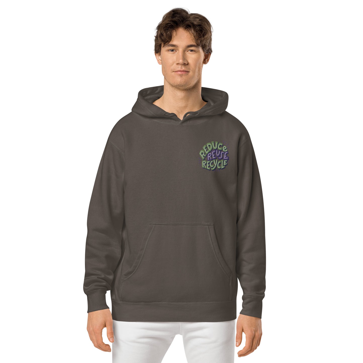 Unisex Embroidered Pigment Dyed Hoodie Reduce, Reuse, Recycle Lettering