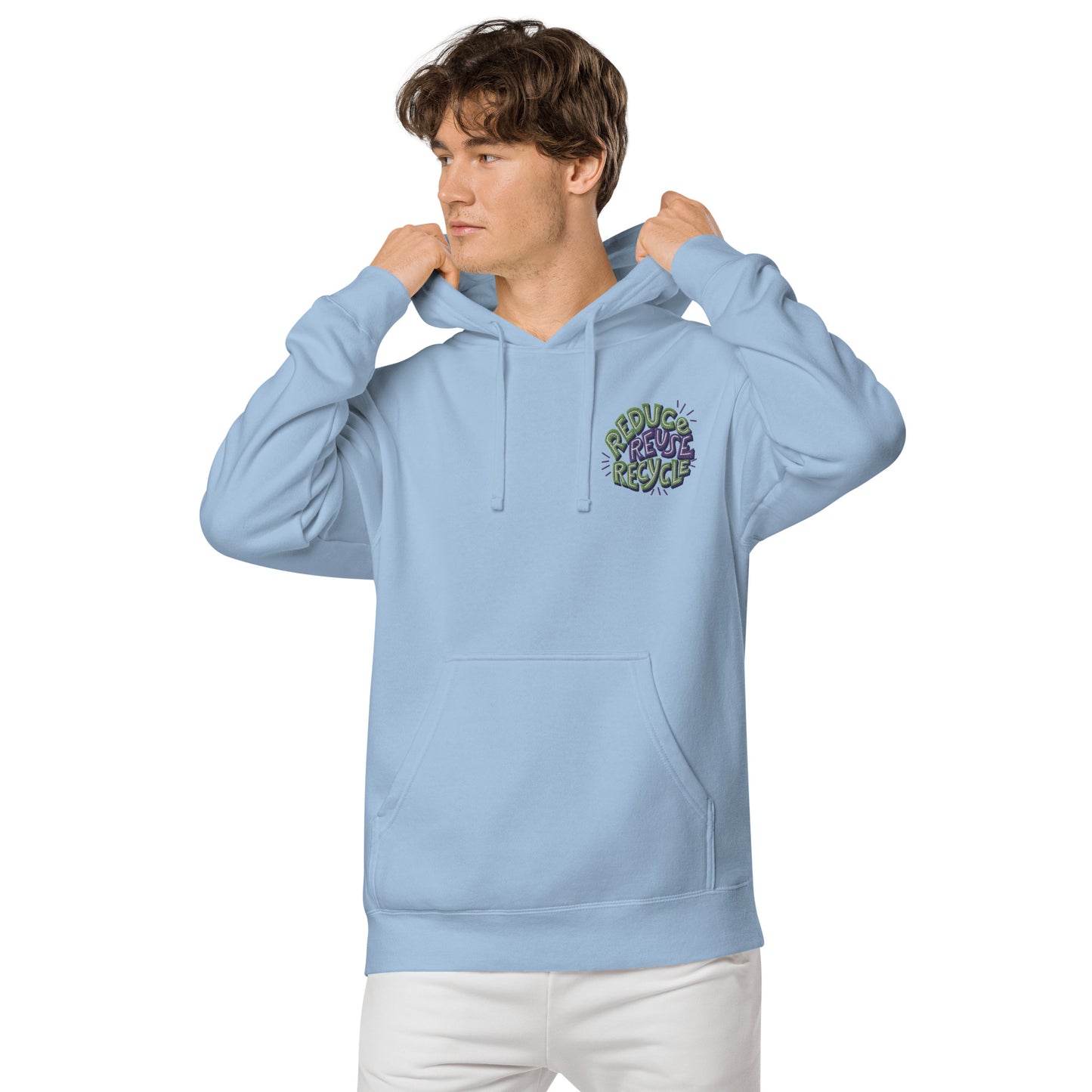 Unisex Embroidered Pigment Dyed Hoodie Reduce, Reuse, Recycle Lettering