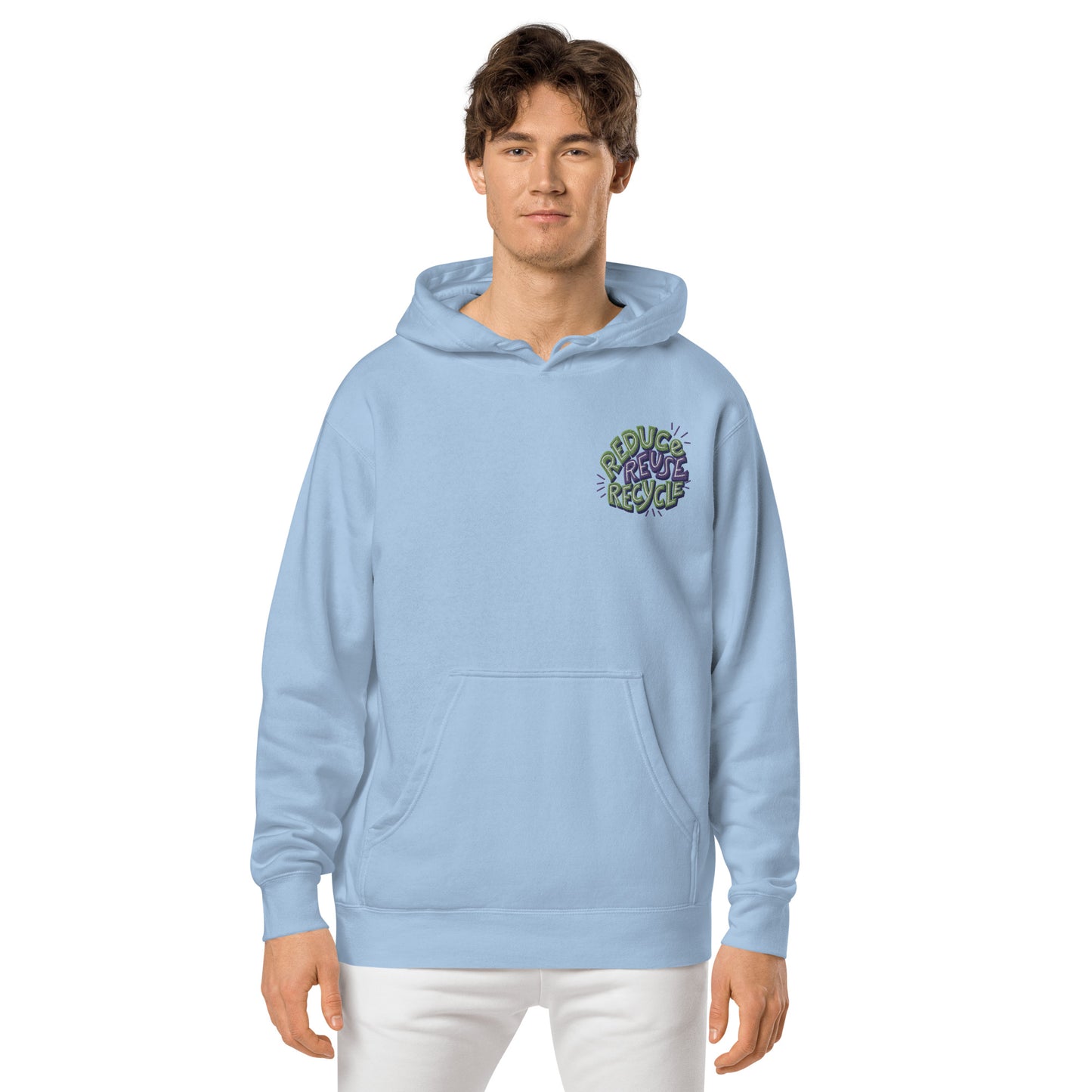 Unisex Embroidered Pigment Dyed Hoodie Reduce, Reuse, Recycle Lettering