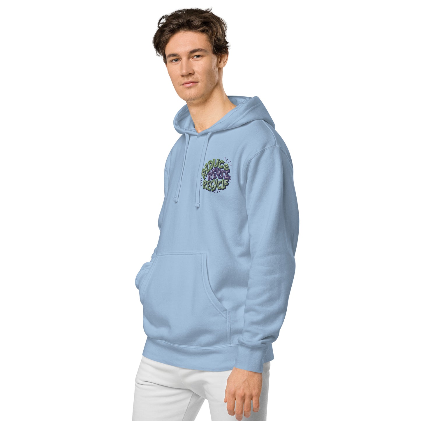 Unisex Embroidered Pigment Dyed Hoodie Reduce, Reuse, Recycle Lettering
