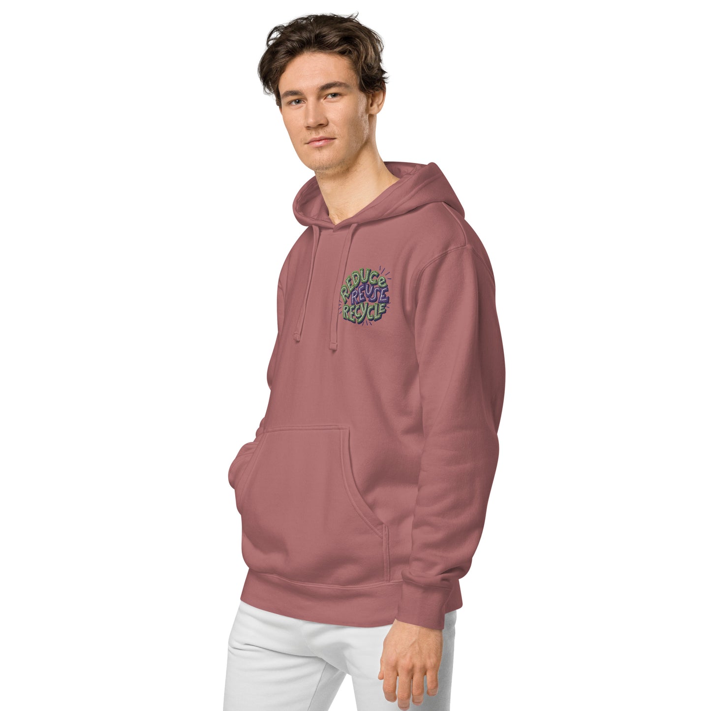 Unisex Embroidered Pigment Dyed Hoodie Reduce, Reuse, Recycle Lettering