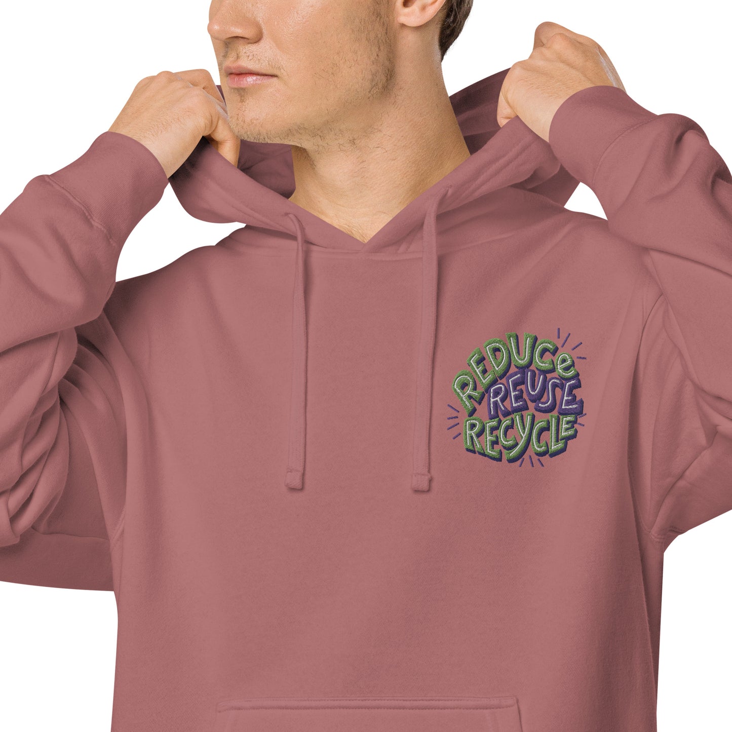 Unisex Embroidered Pigment Dyed Hoodie Reduce, Reuse, Recycle Lettering