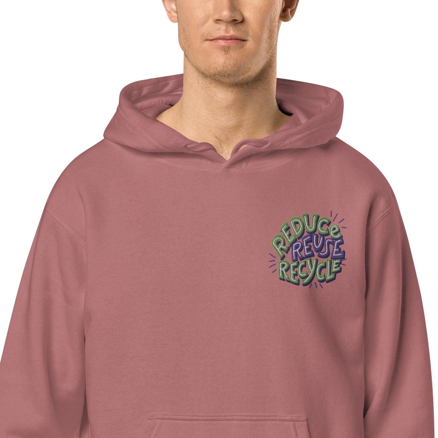 Unisex Embroidered Pigment Dyed Hoodie Reduce, Reuse, Recycle Lettering