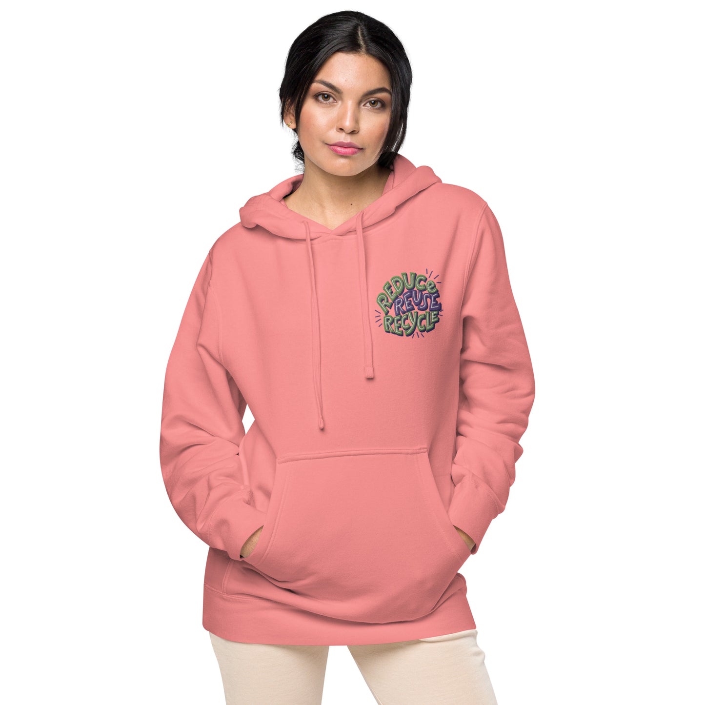 Unisex Embroidered Pigment Dyed Hoodie Reduce, Reuse, Recycle Lettering