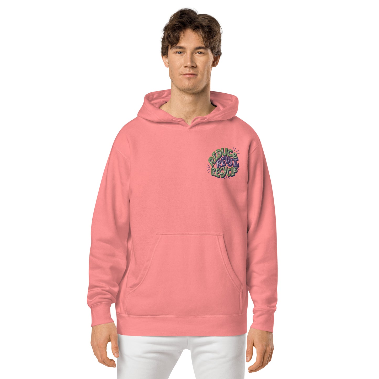 Unisex Embroidered Pigment Dyed Hoodie Reduce, Reuse, Recycle Lettering