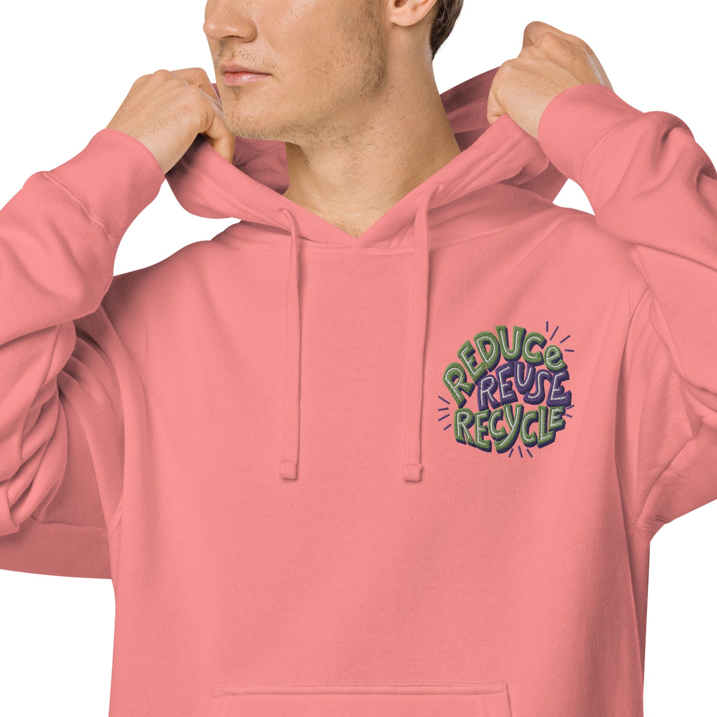 Unisex Embroidered Pigment Dyed Hoodie Reduce, Reuse, Recycle Lettering