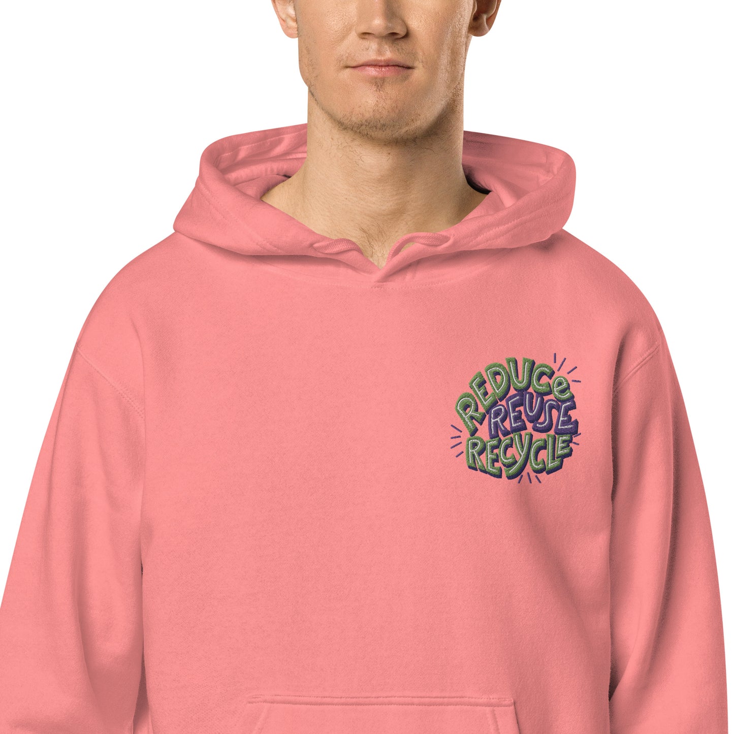 Unisex Embroidered Pigment Dyed Hoodie Reduce, Reuse, Recycle Lettering