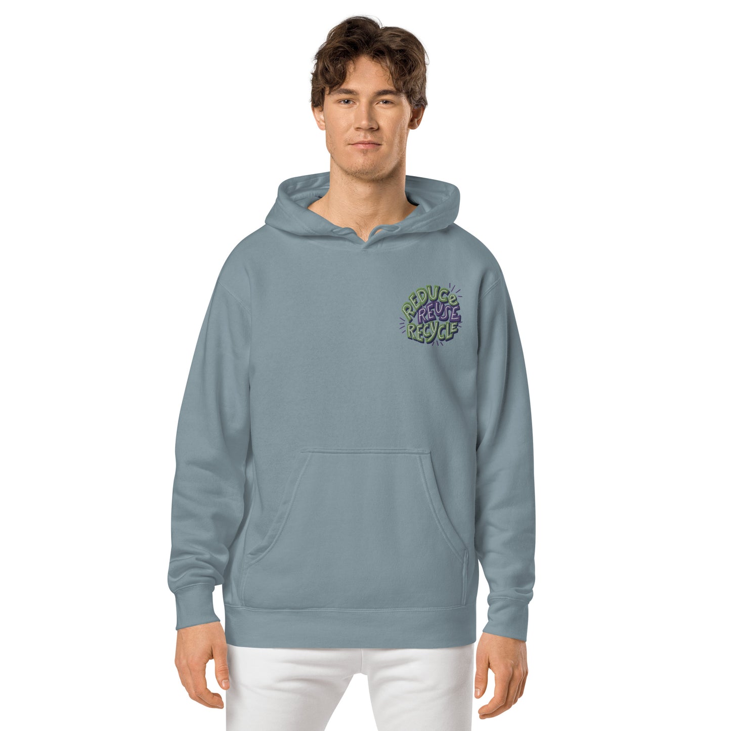 Unisex Embroidered Pigment Dyed Hoodie Reduce, Reuse, Recycle Lettering