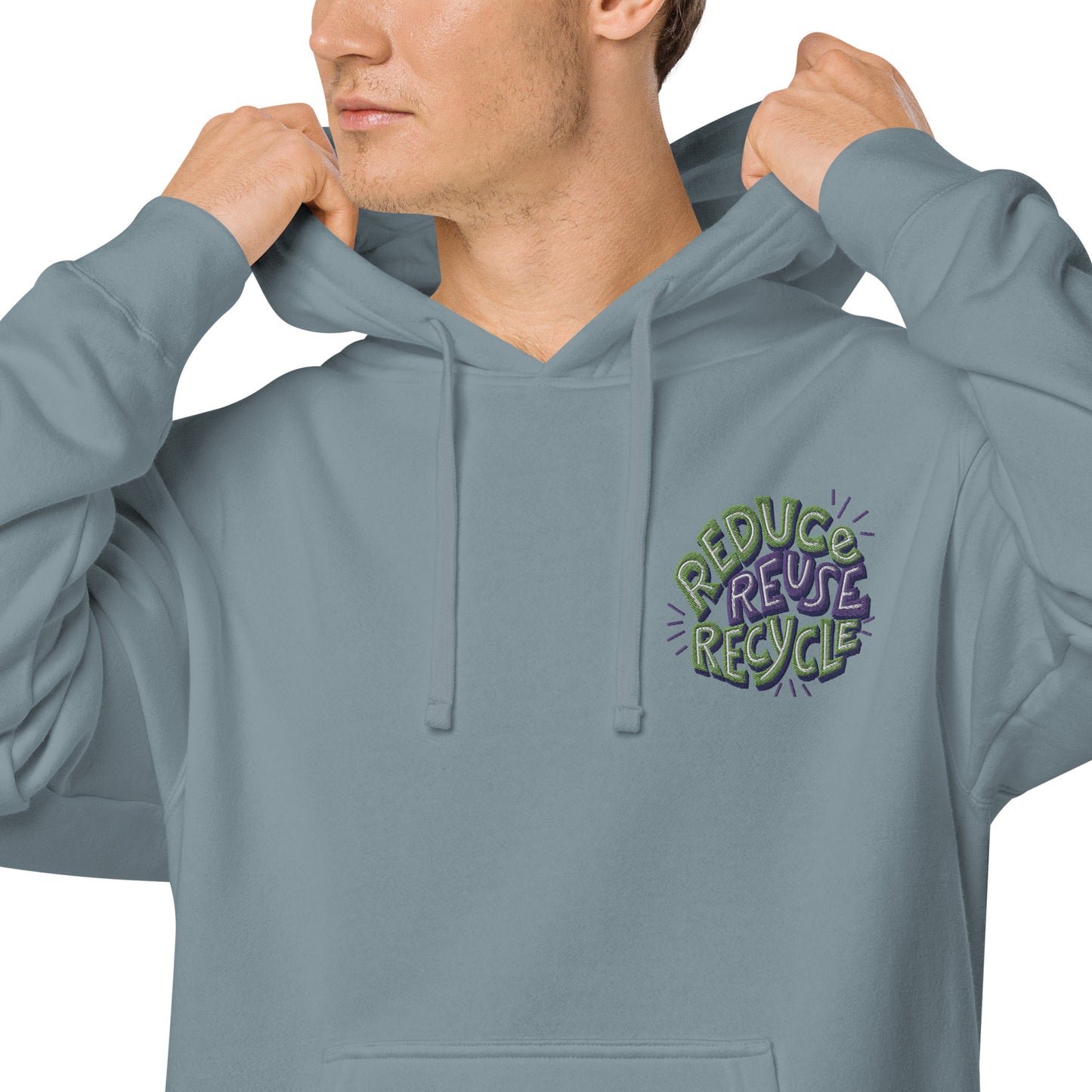 Unisex Embroidered Pigment Dyed Hoodie Reduce, Reuse, Recycle Lettering