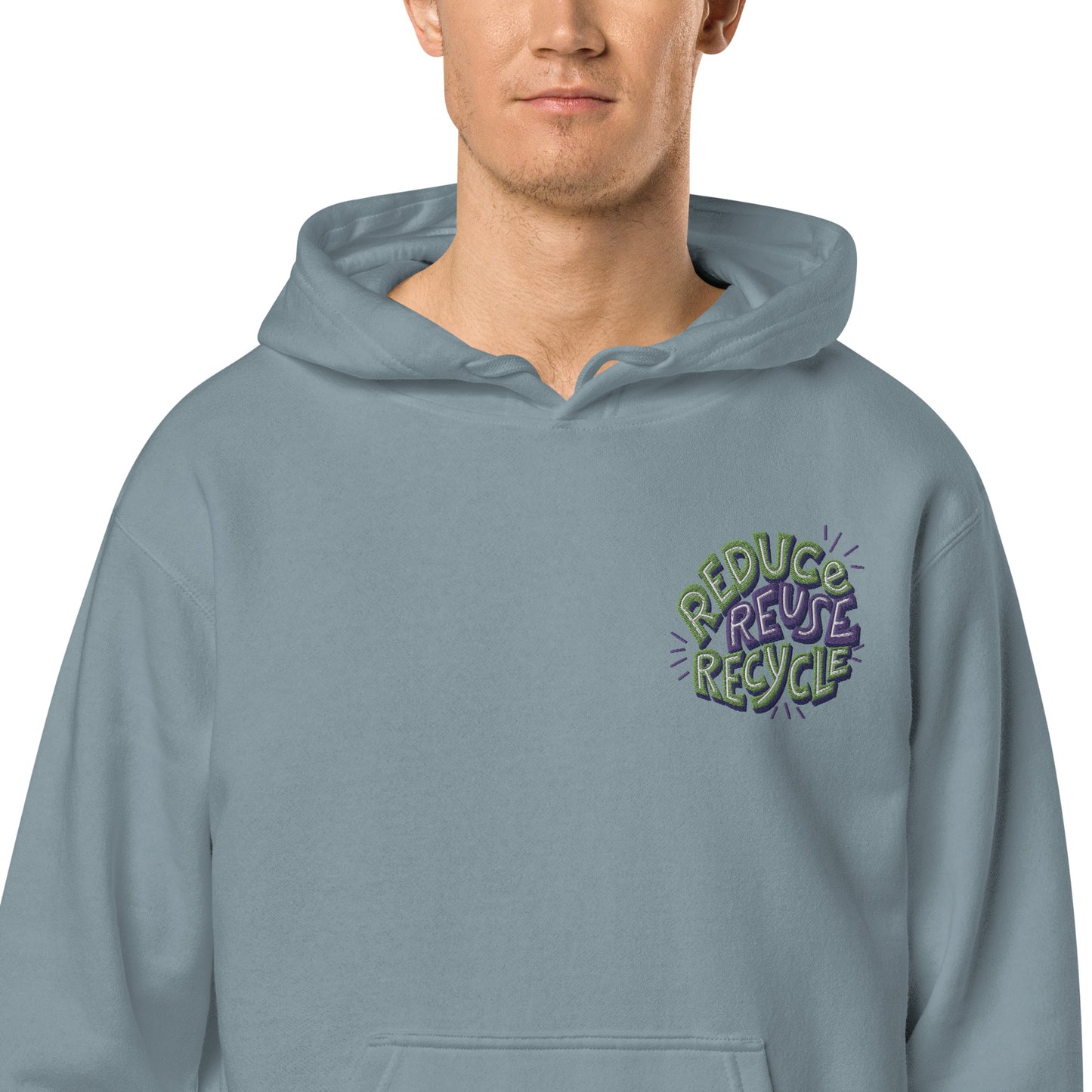 Unisex Embroidered Pigment Dyed Hoodie Reduce, Reuse, Recycle Lettering