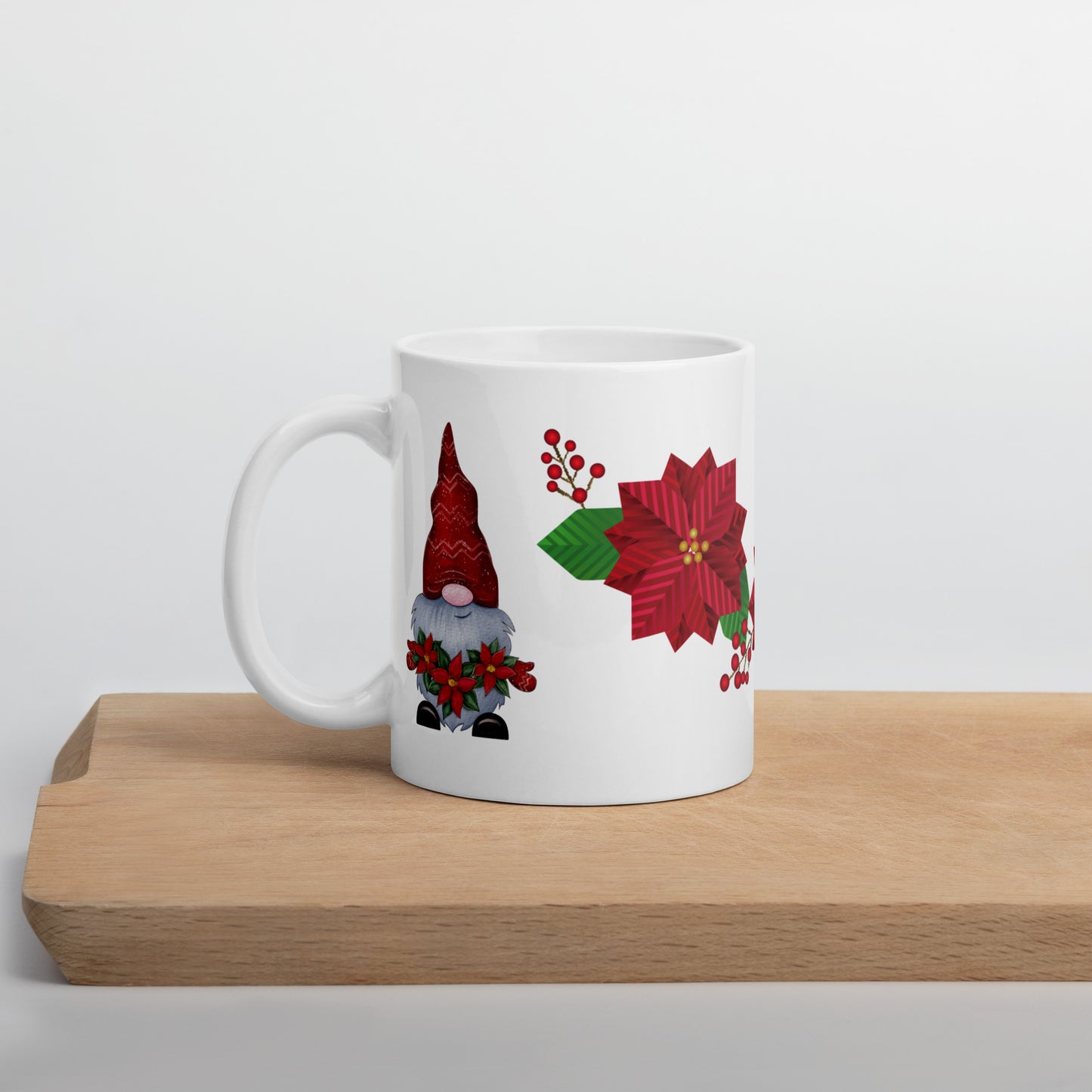 White Glossy Coffee, Tea or Hot Chocolate Mug Christmas Gnome with Poinsettias
