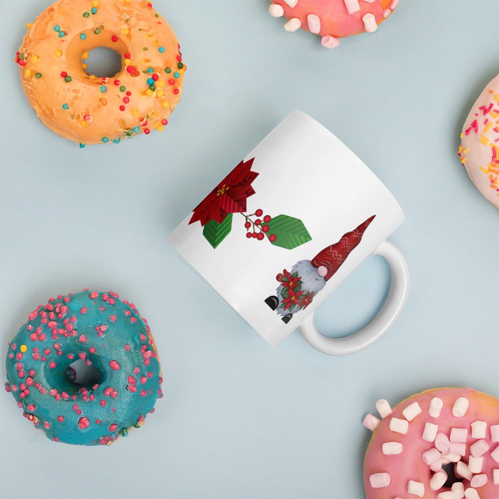 White Glossy Coffee, Tea or Hot Chocolate Mug Christmas Gnome with Poinsettias