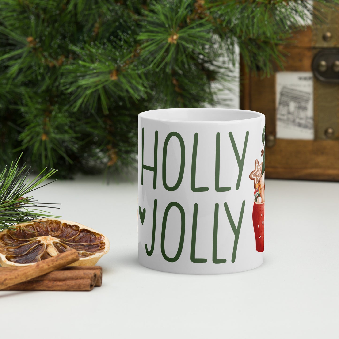 White Glossy Mug Holly Jolly Christmas Gnome