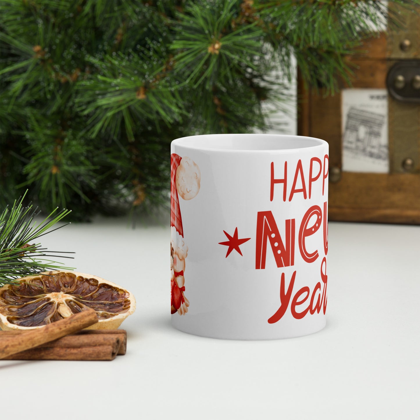 White Glossy Mug Happy New Year Gnome
