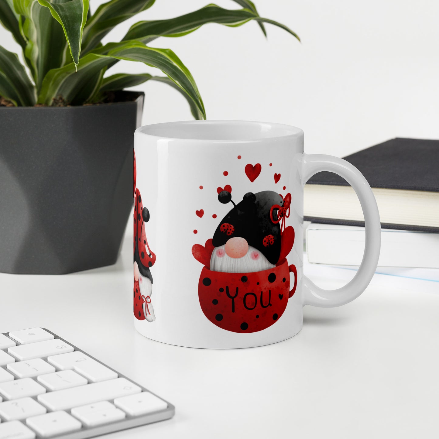 White Glossy Tea, Coffee or Hot Chocolate Mug Gnome Ladybug Love You