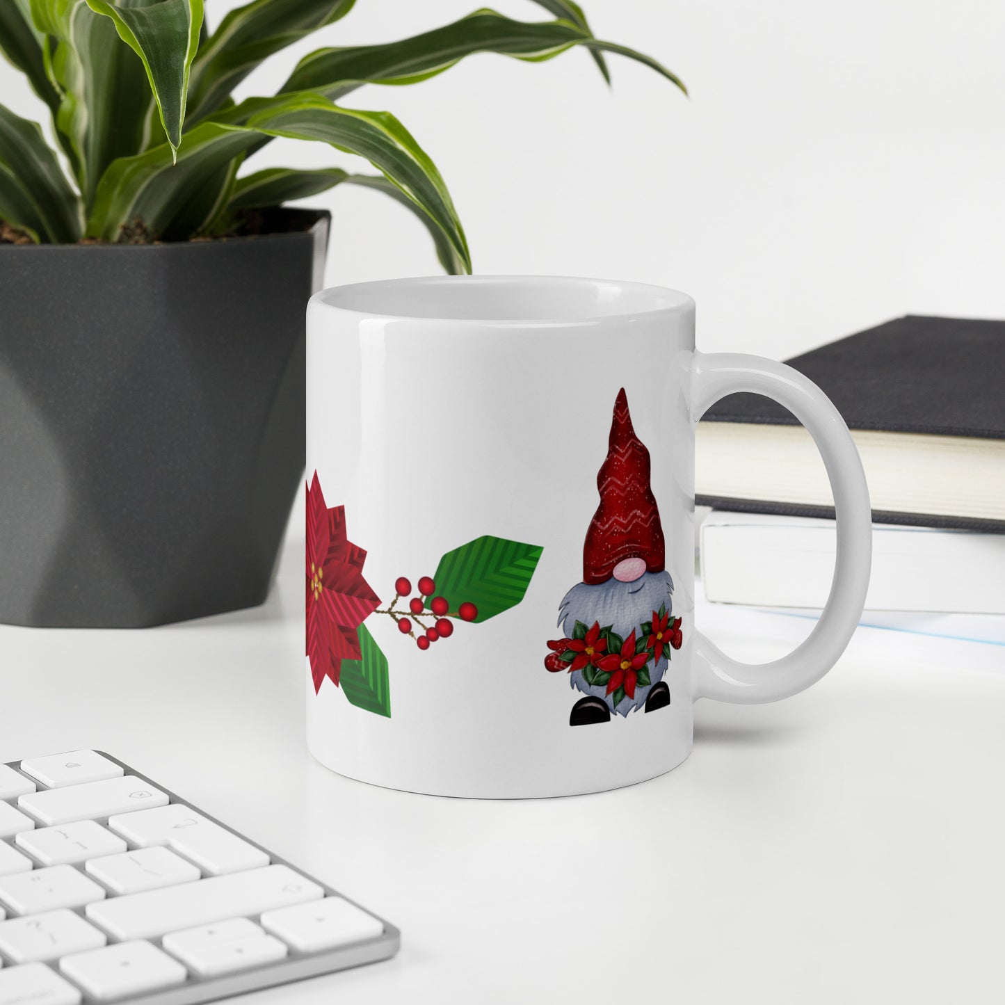 White Glossy Coffee, Tea or Hot Chocolate Mug Christmas Gnome with Poinsettias