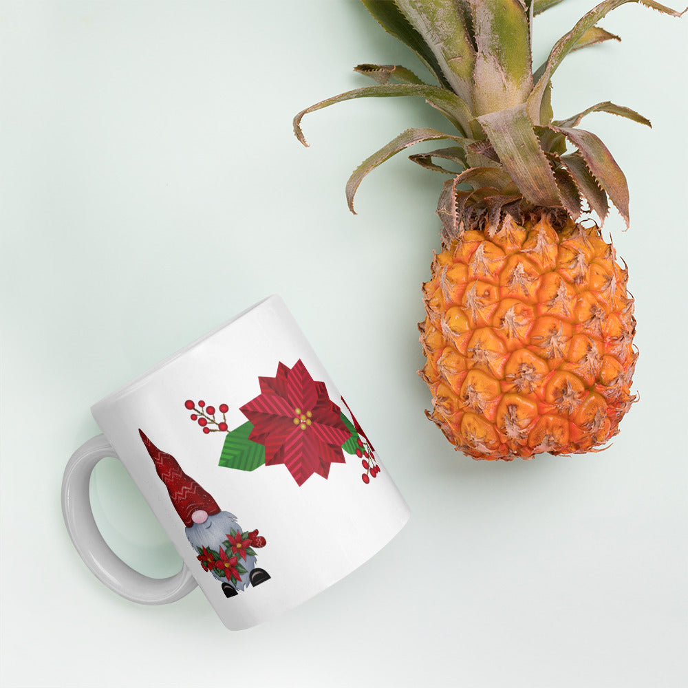 White Glossy Coffee, Tea or Hot Chocolate Mug Christmas Gnome with Poinsettias
