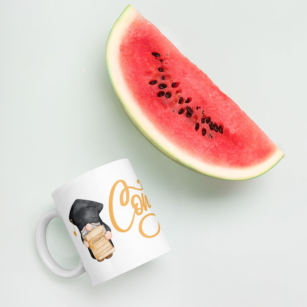 White Glossy Coffee, Tea or Hot Chocolate Mug Graduation Gnomes Congrats