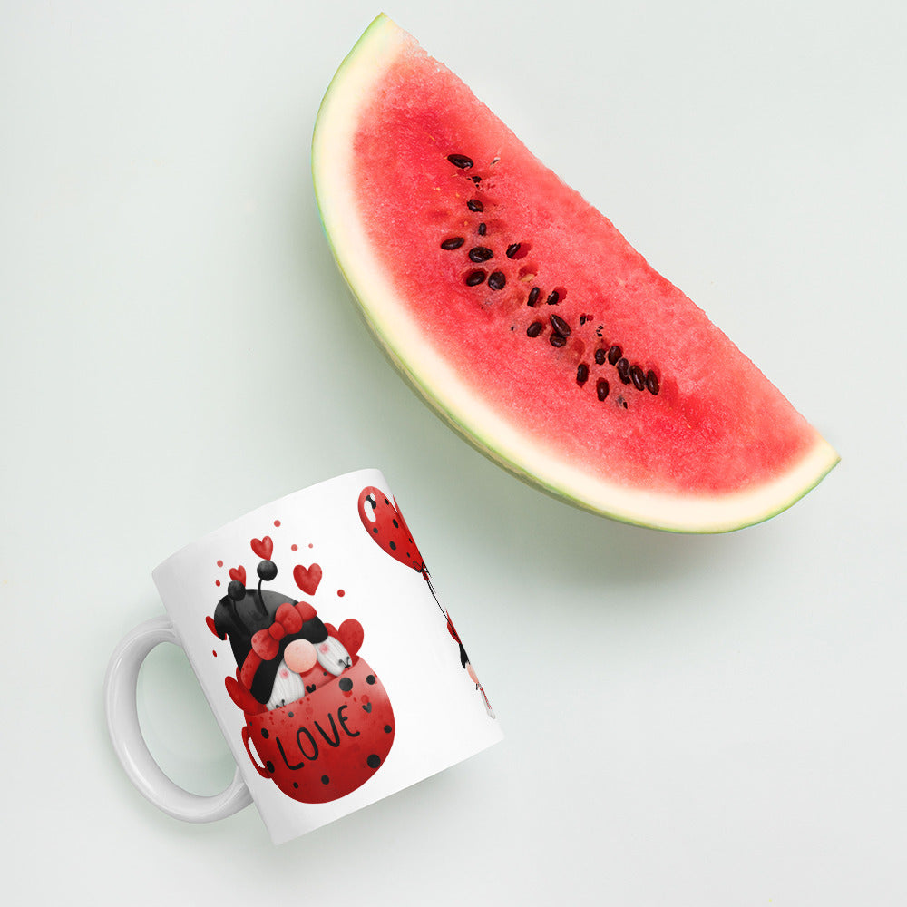 White Glossy Tea, Coffee or Hot Chocolate Mug Gnome Ladybug Love You
