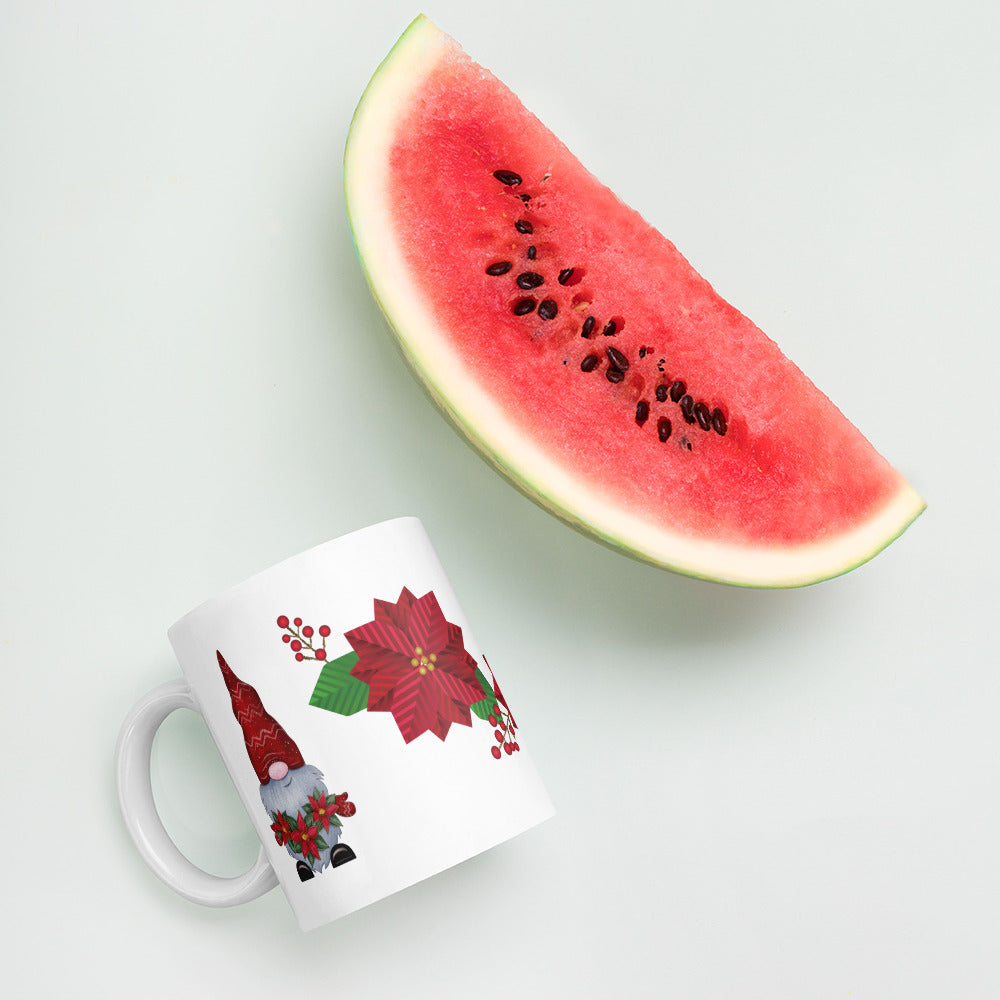 White Glossy Coffee, Tea or Hot Chocolate Mug Christmas Gnome with Poinsettias