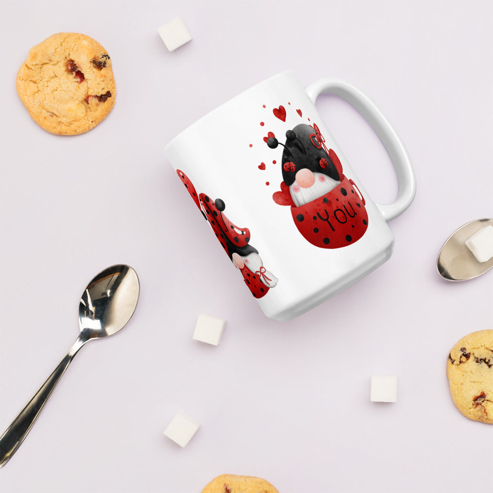 White Glossy Tea, Coffee or Hot Chocolate Mug Gnome Ladybug Love You