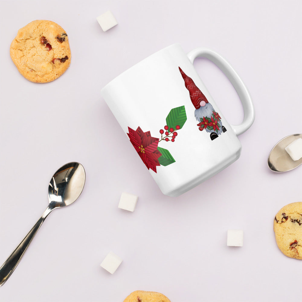 White Glossy Coffee, Tea or Hot Chocolate Mug Christmas Gnome with Poinsettias