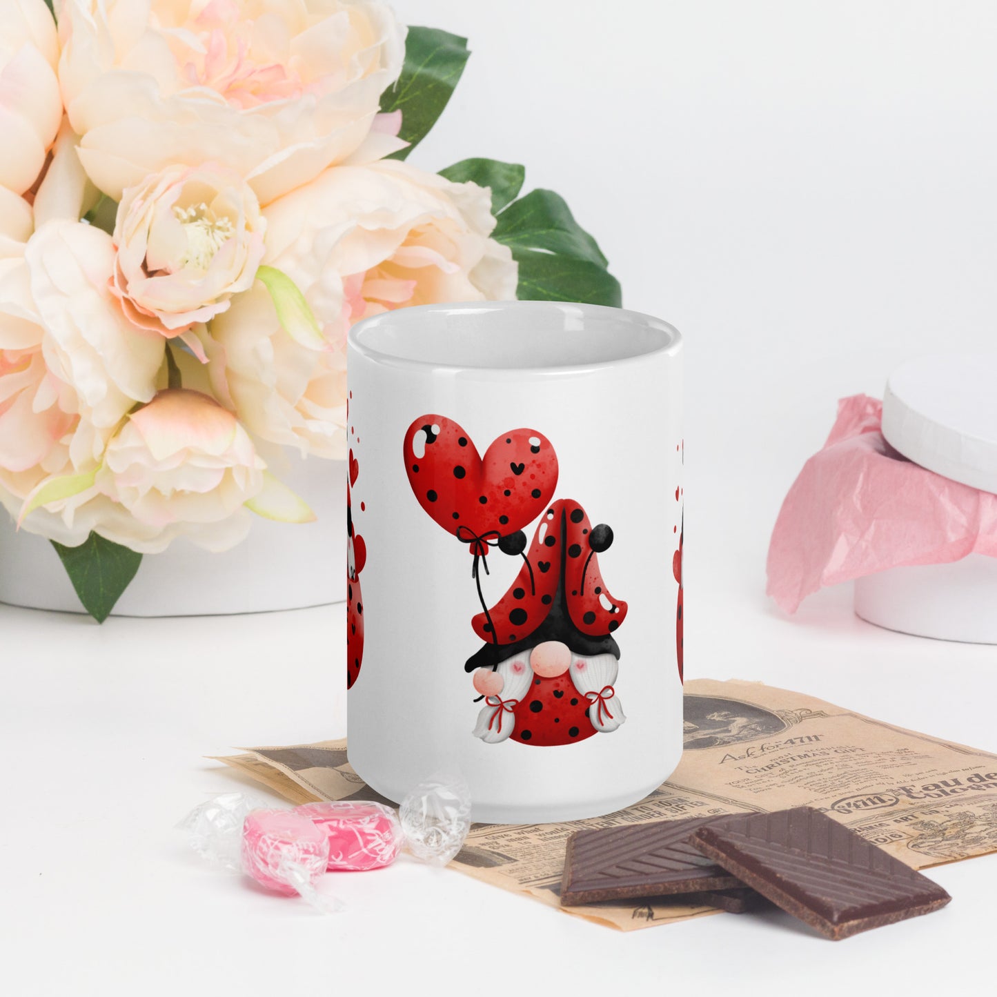 White Glossy Tea, Coffee or Hot Chocolate Mug Gnome Ladybug Love You