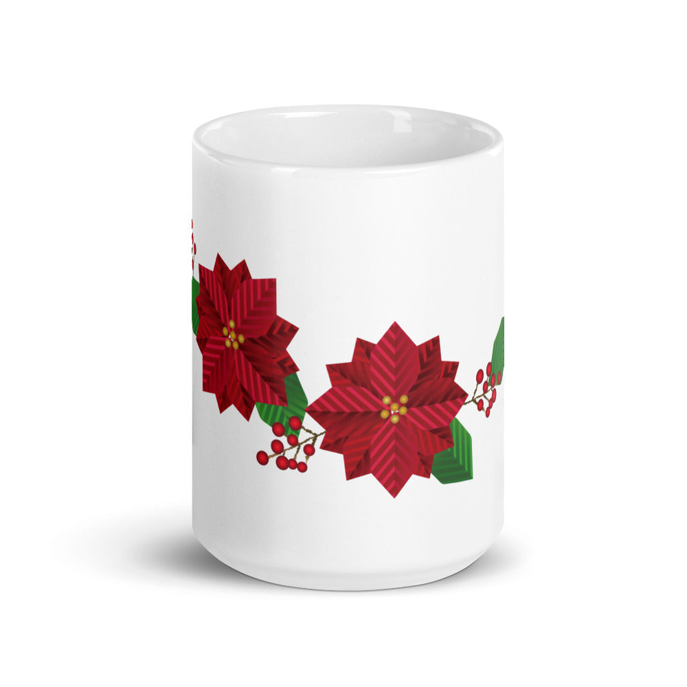 White Glossy Coffee, Tea or Hot Chocolate Mug Christmas Gnome with Poinsettias