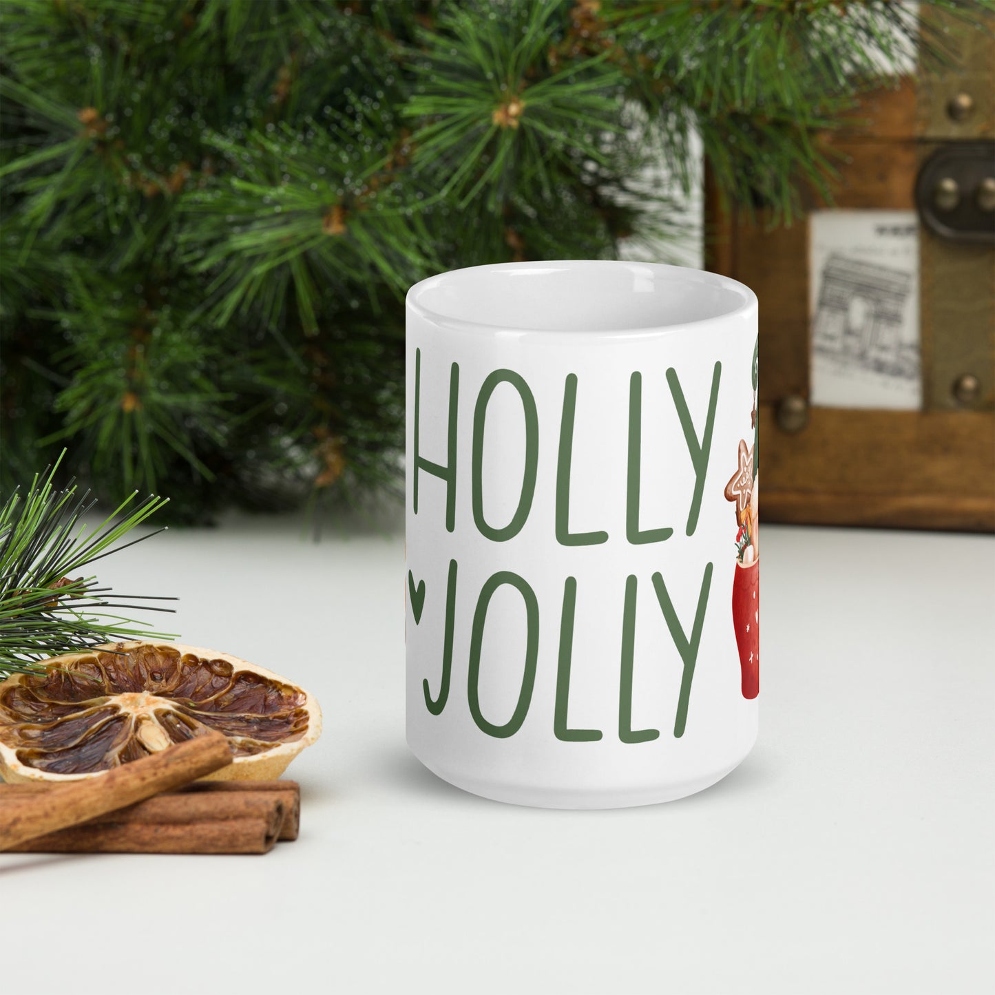 White Glossy Mug Holly Jolly Christmas Gnome