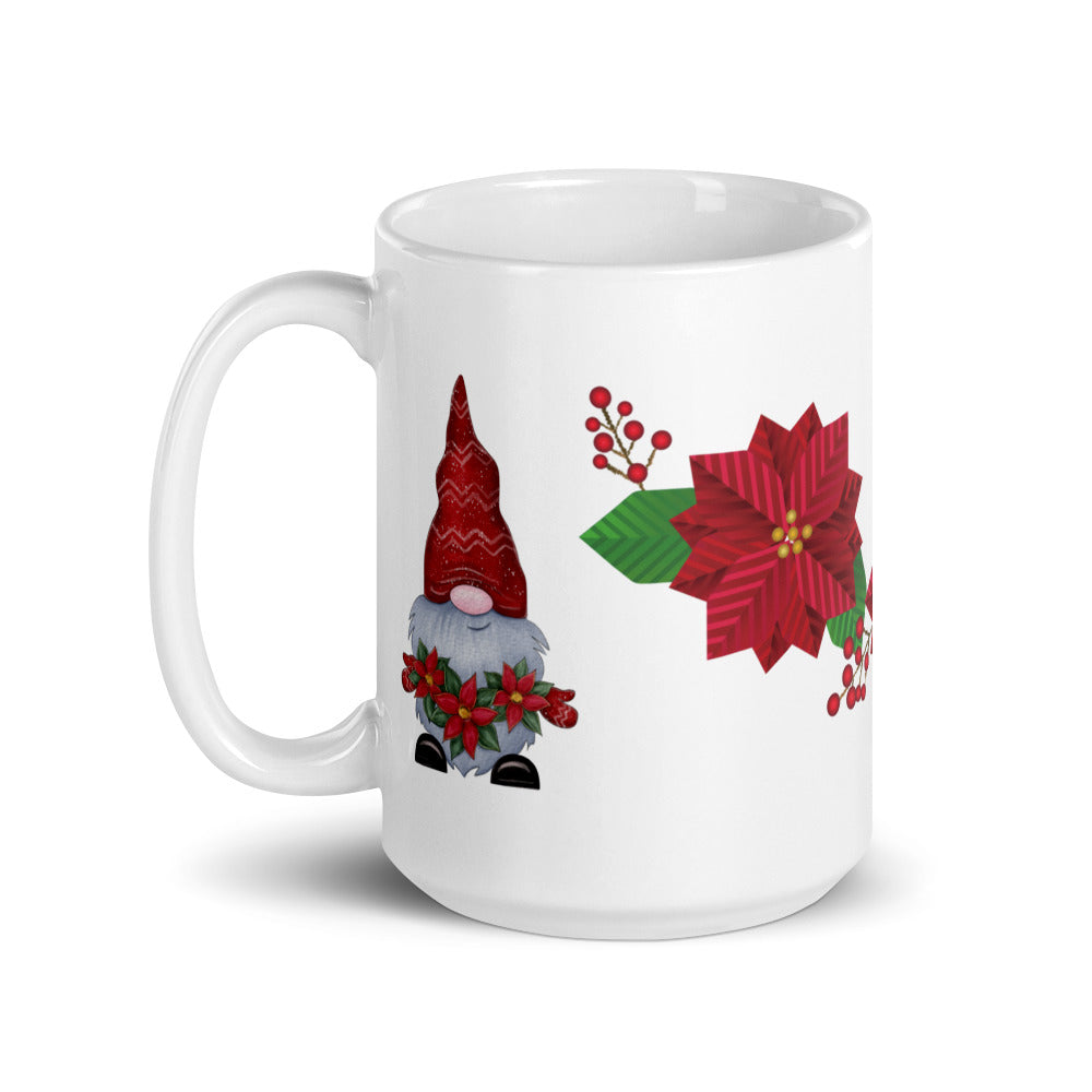 White Glossy Coffee, Tea or Hot Chocolate Mug Christmas Gnome with Poinsettias