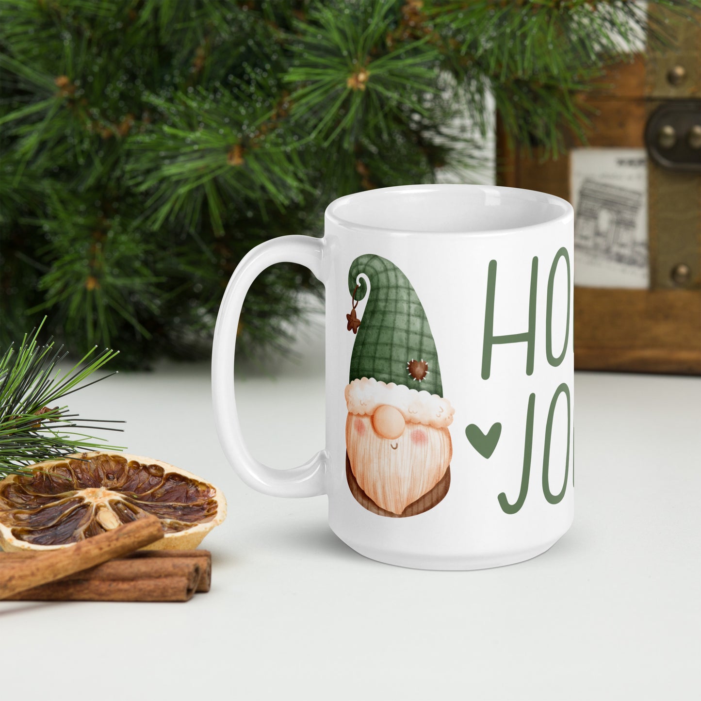 White Glossy Mug Holly Jolly Christmas Gnome