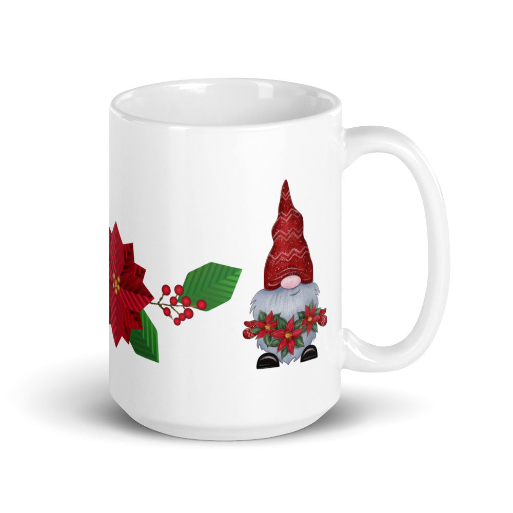 White Glossy Coffee, Tea or Hot Chocolate Mug Christmas Gnome with Poinsettias