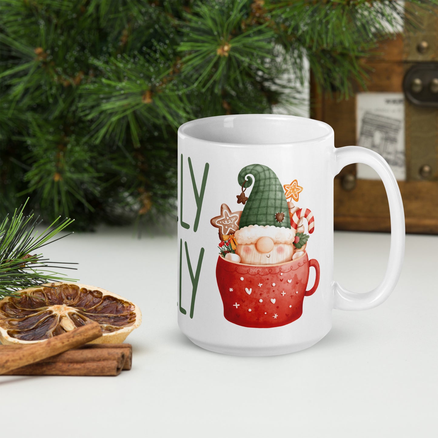 White Glossy Mug Holly Jolly Christmas Gnome