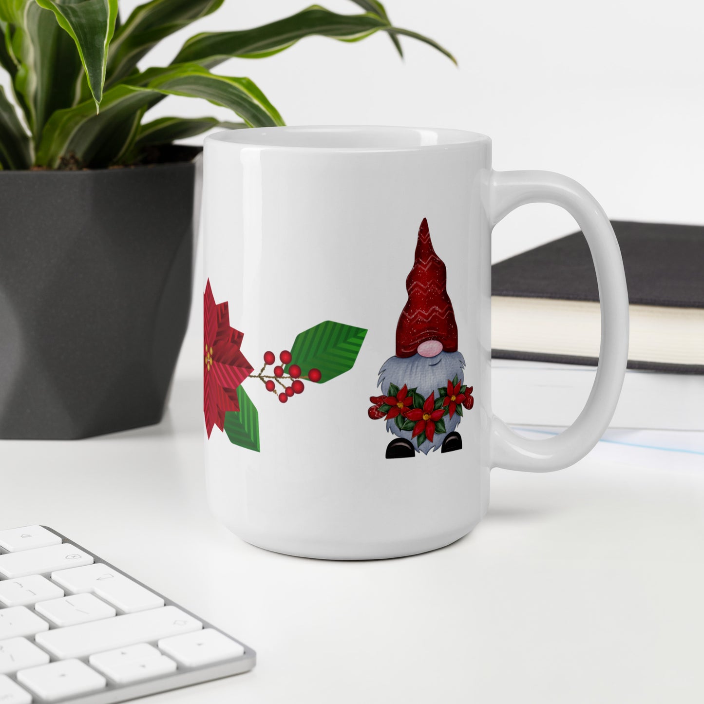 White Glossy Coffee, Tea or Hot Chocolate Mug Christmas Gnome with Poinsettias